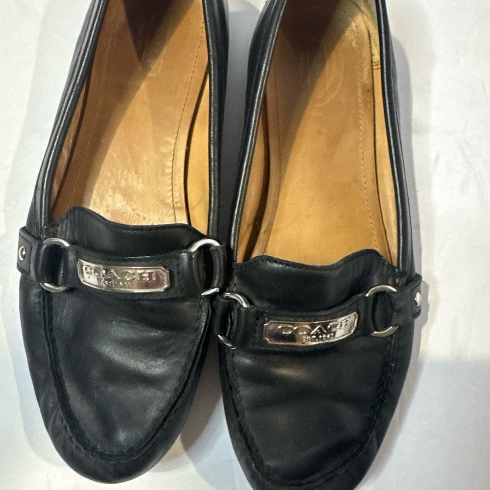 Coach Black Leather Flats with Silver Accents